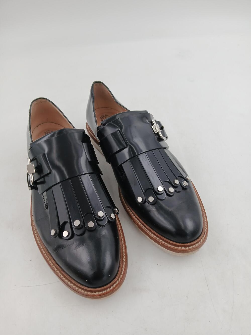Tod's Shoes Womens Size 9 Black Leather Fringe Buckle Loafers Almond Toe Italy